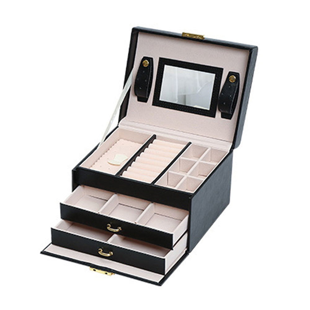 Lockable Jewellery Storage Case with Mirror & Double Drawers - Black