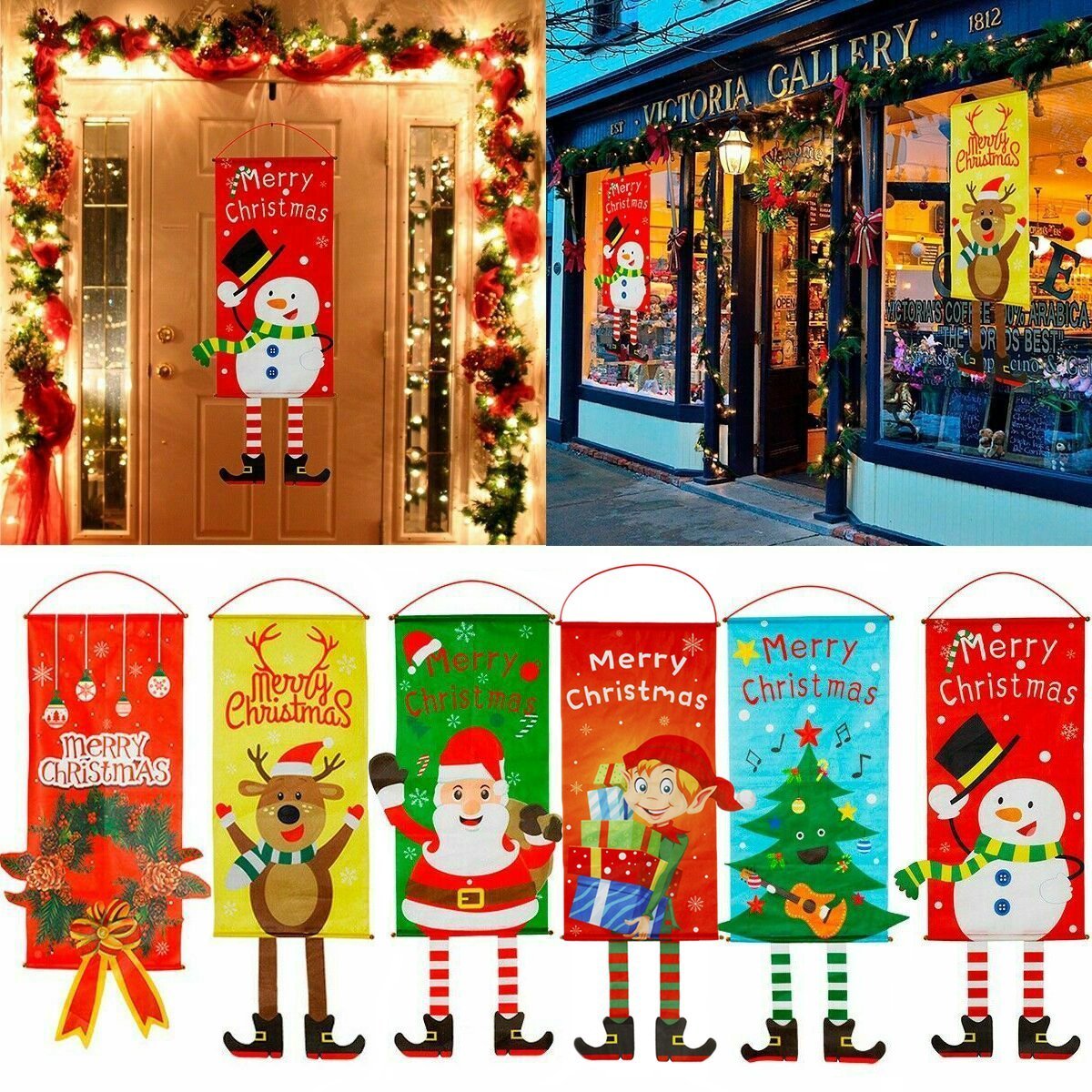 Christmas Hanging Banner Flag Set of 6 Santa Reindeer Snowman Decor