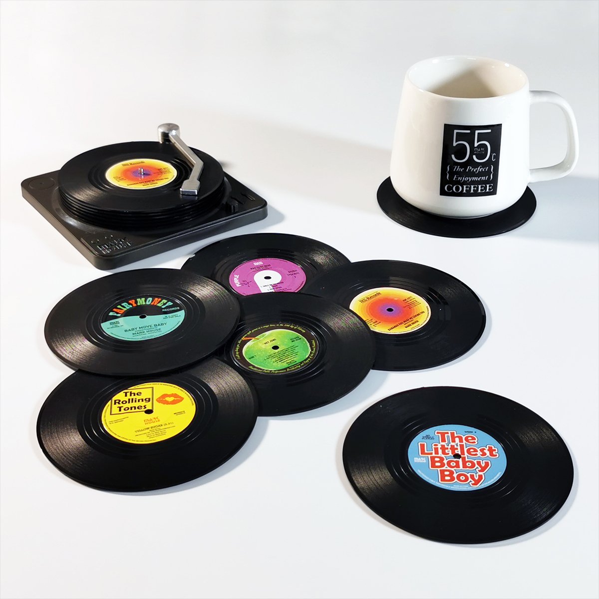 6-Pack Creative Vinyl Record Coasters with Player Holder (Design A)
