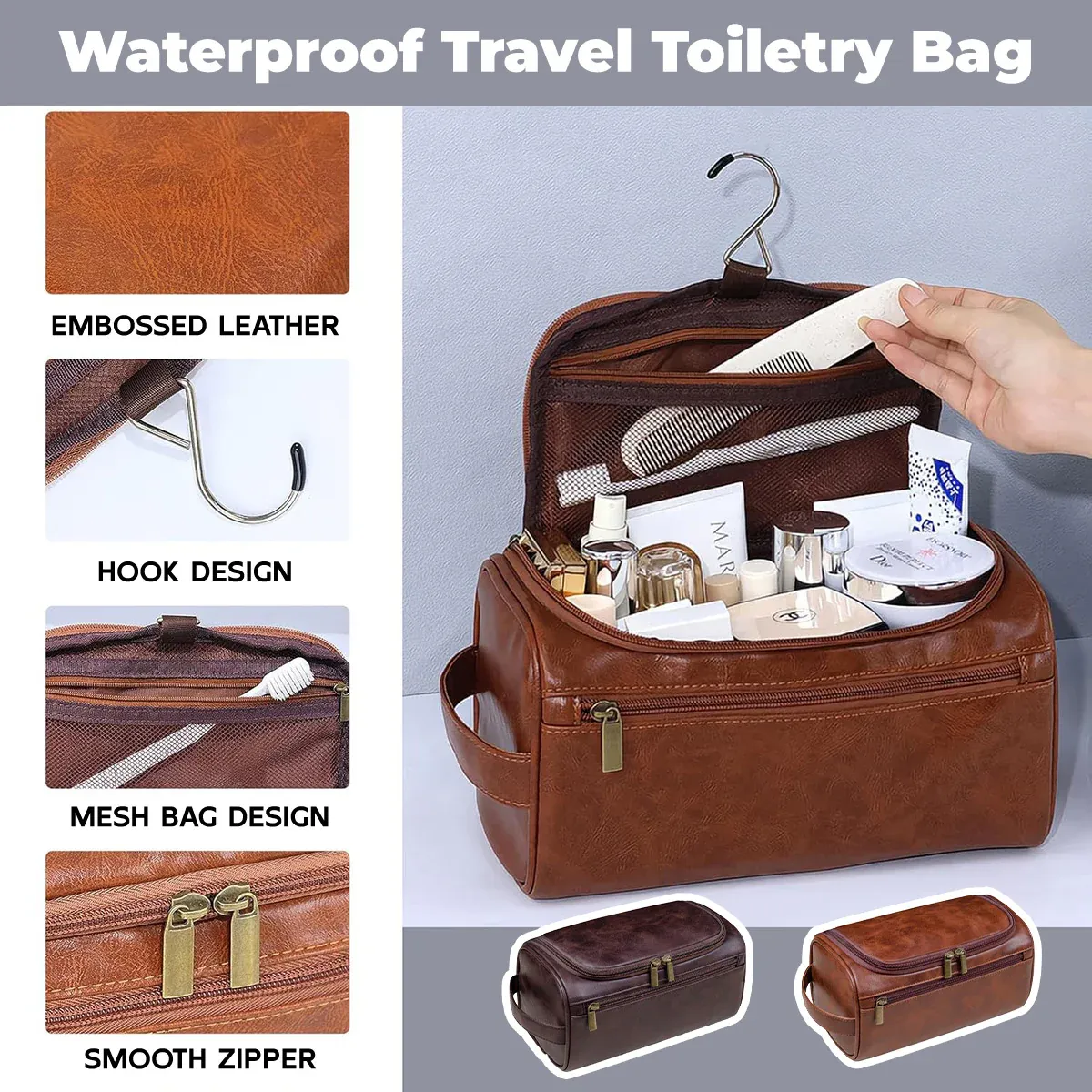 Large Capacity Waterproof Travel Toiletry Bag Red Brown - Image 2
