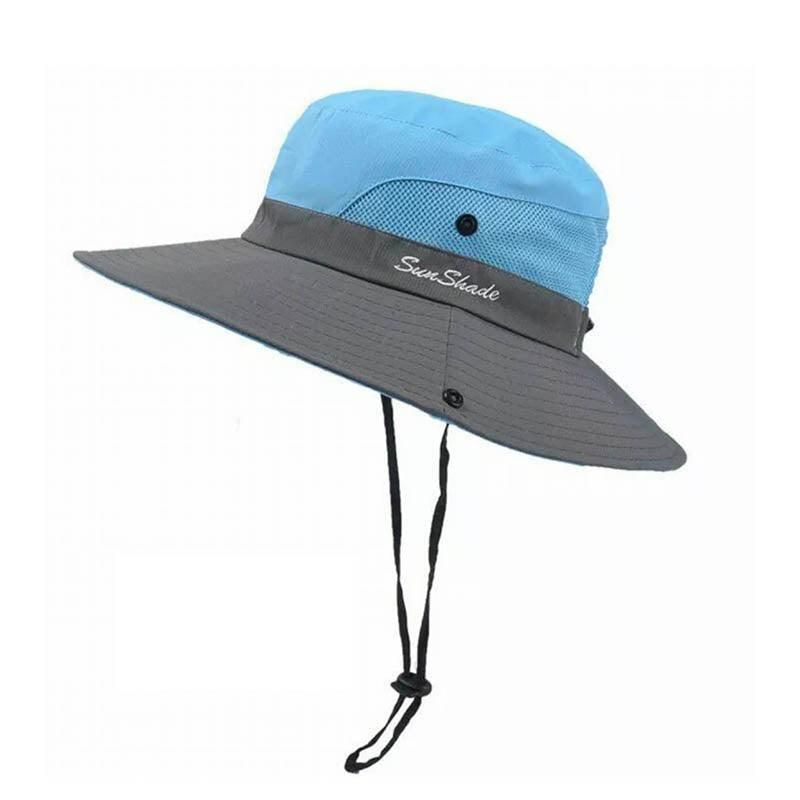Wide Brim Ponytail Sun Visor - Blue
