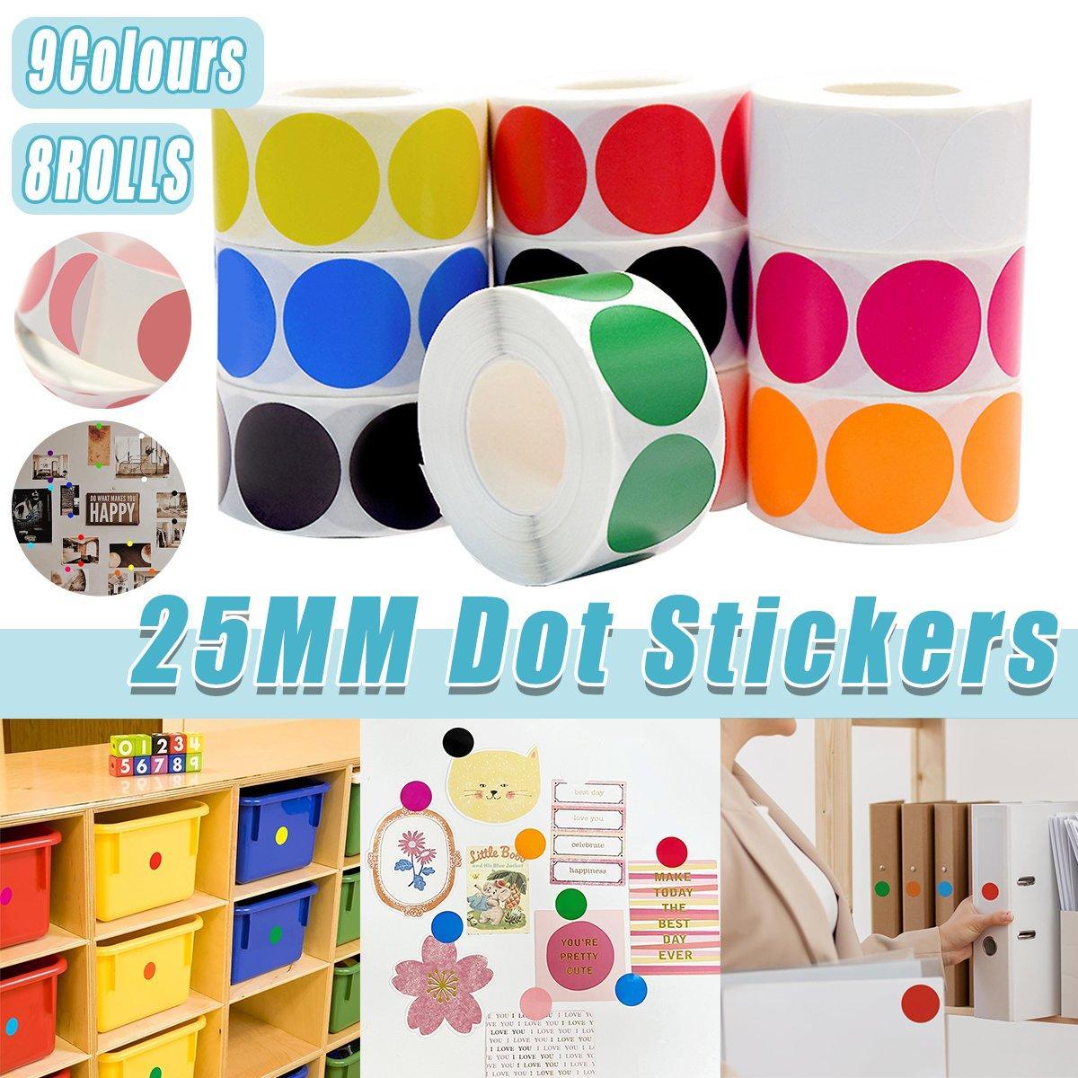 8 Rolls Colored Polka Dot Labels White