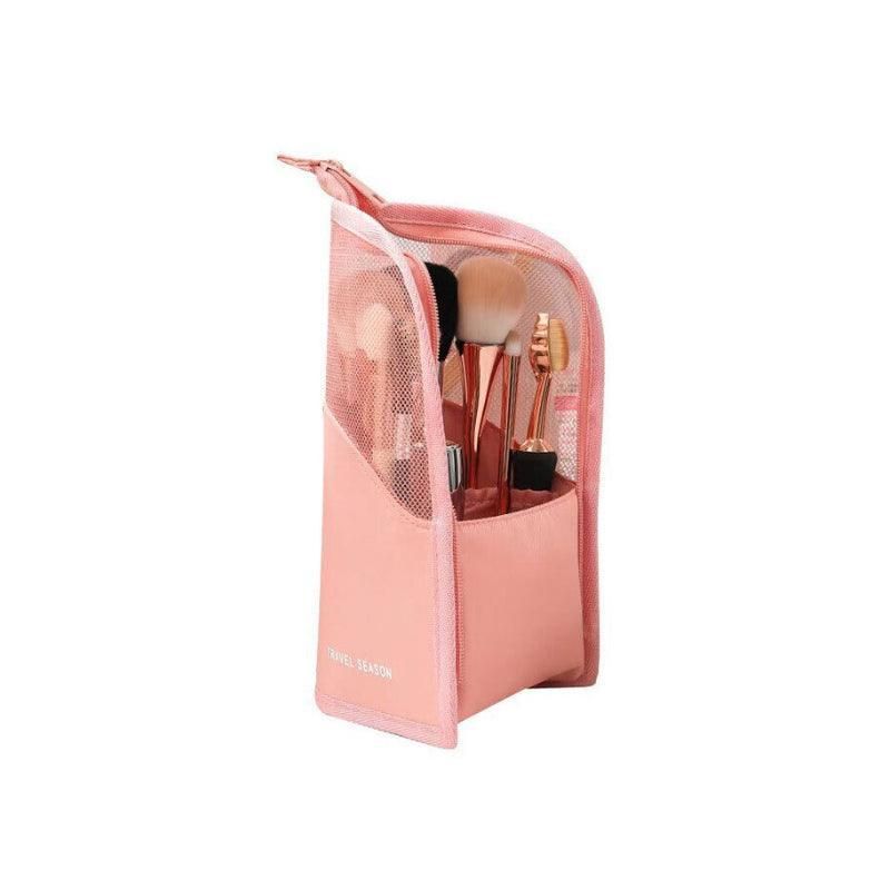Stand Cosmetic Bag Travel Zipper Makeup Brush Holder Pink
