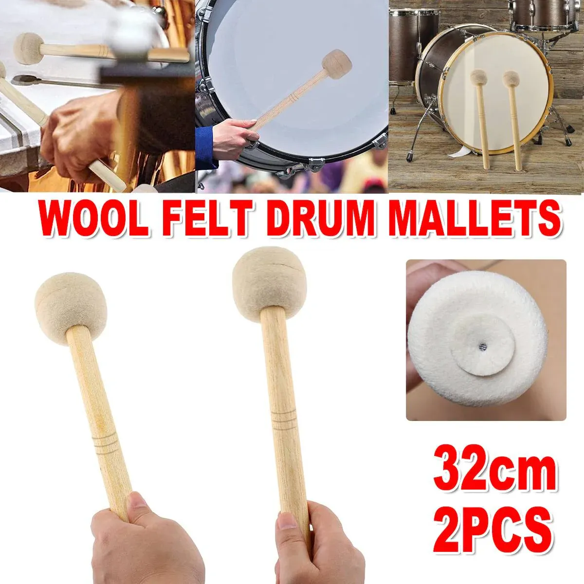 2pcs Felt Drumsticks Gong Mallets Soft Hammer