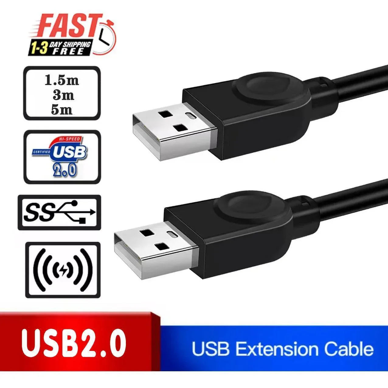 USB 2.0 Male to Male Extension Cable - 1.5M - Image 2