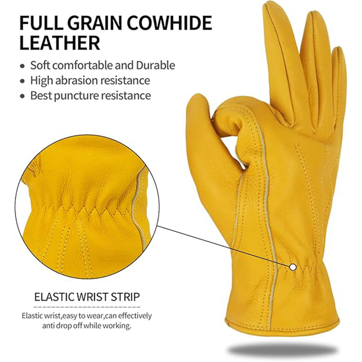 Golden Yellow Cowhide Work Gloves XL - Image 5