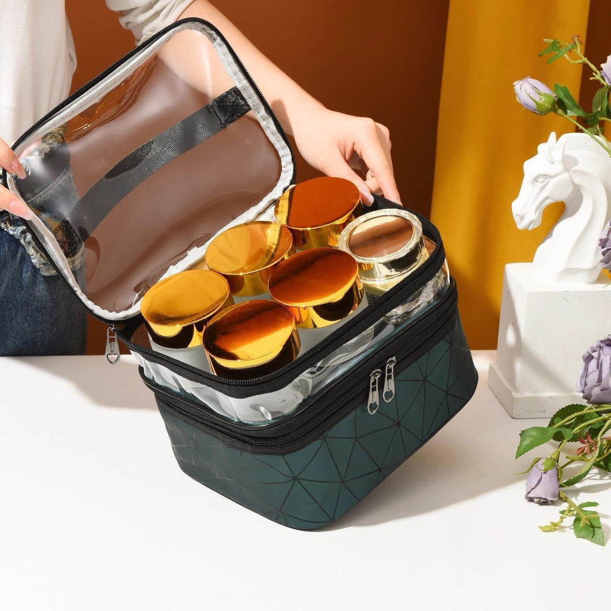 Portable Double-Layer Waterproof Cosmetic Bag Silver - Image 5