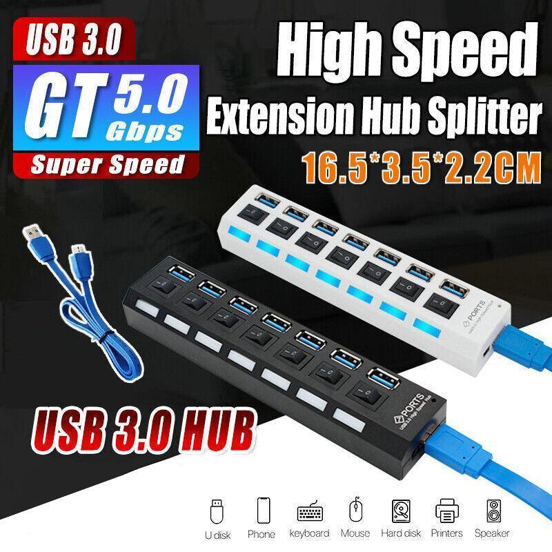7 Port USB 3.0 High Speed Extension Hub White