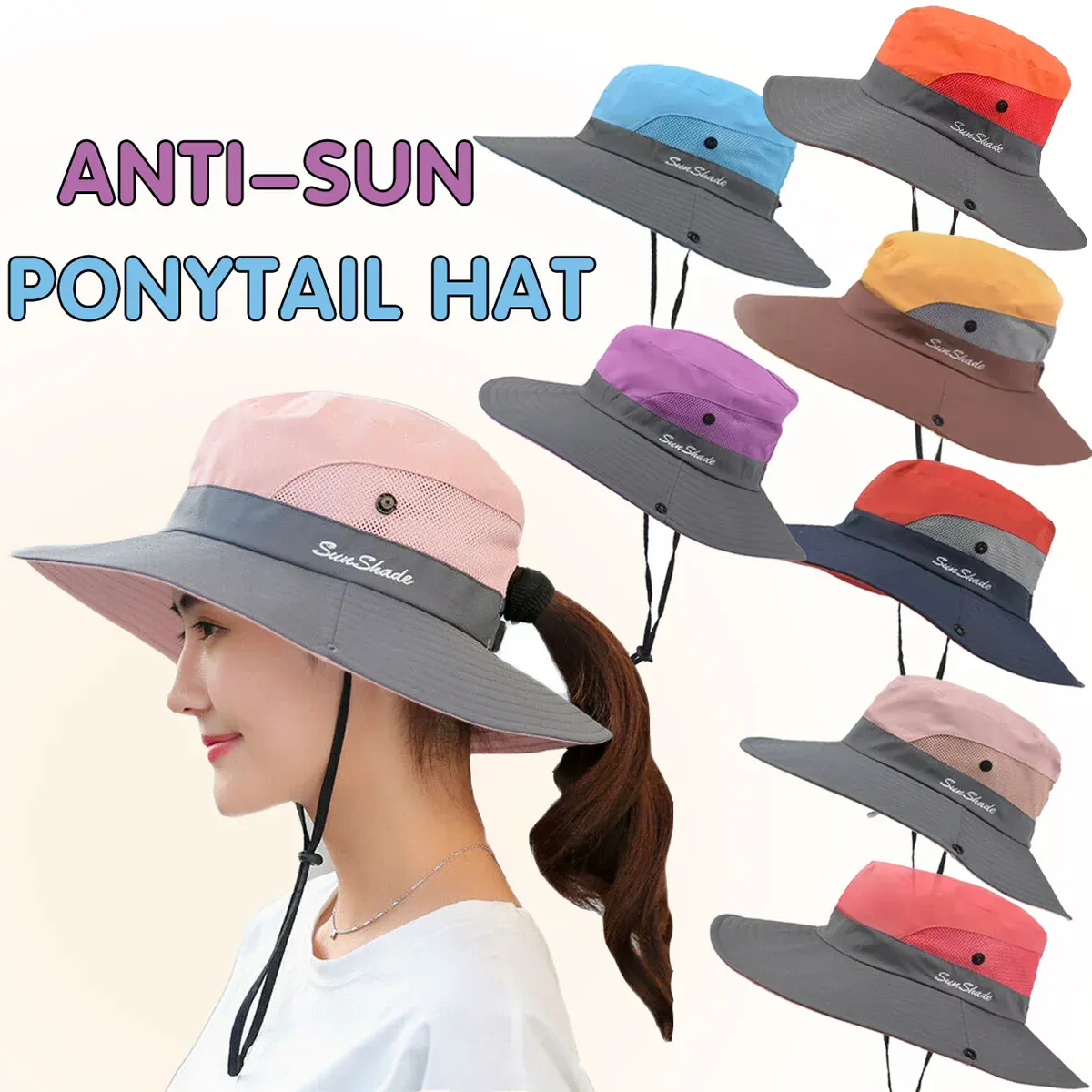 Wide Brim Ponytail Sun Visor - Watermelon Red - Image 2