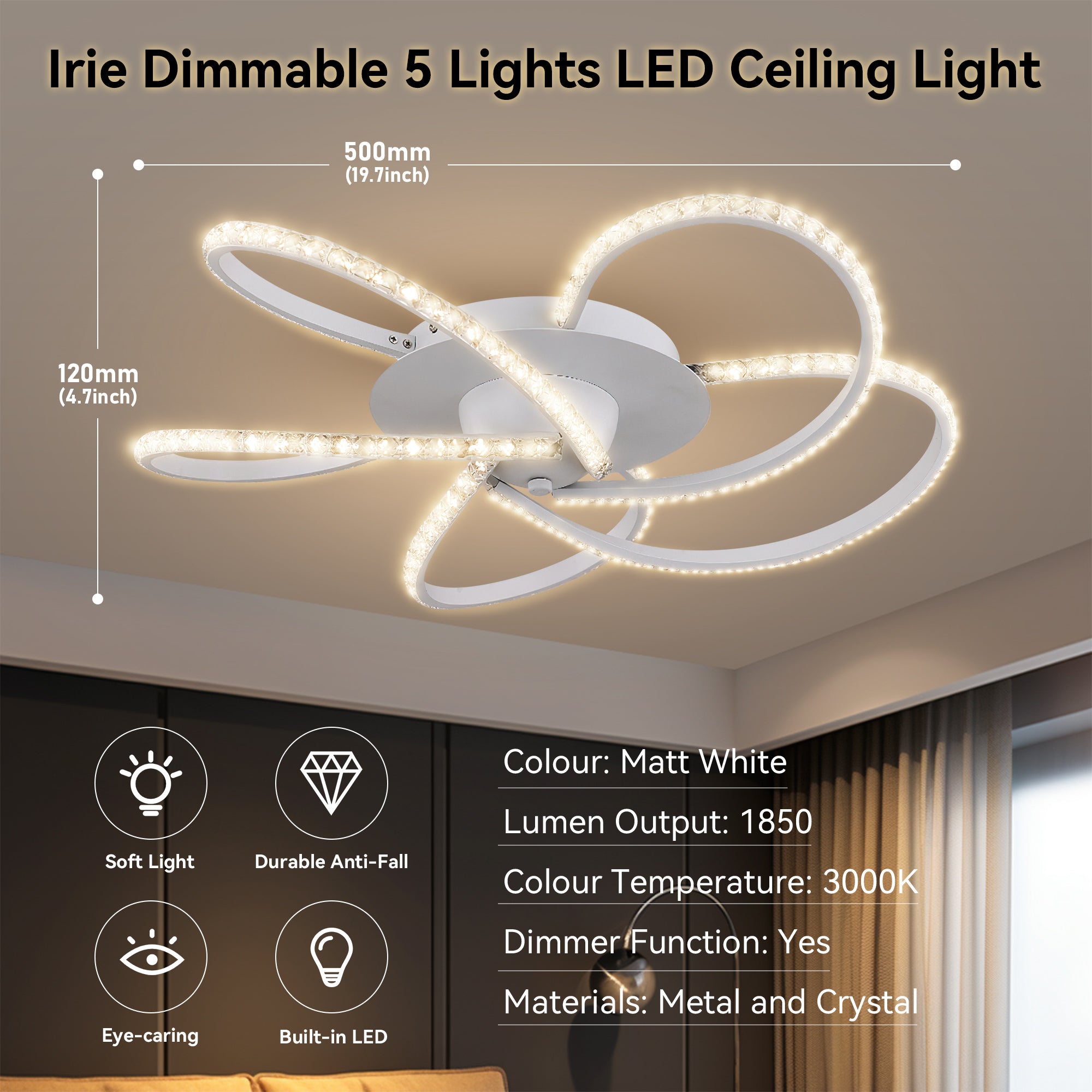 Irie Dimmable 5-Light LED Ceiling Light in White - Image 8