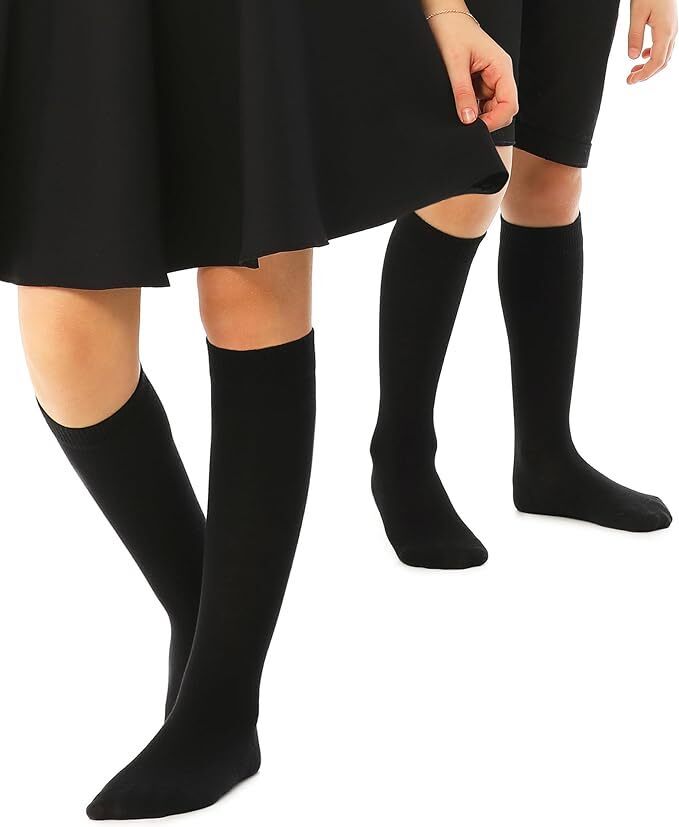 Knee High School Socks for Girls Boys Plain Cotton Rich Kids Seamless No Seam - Size 6-11 (Black)
