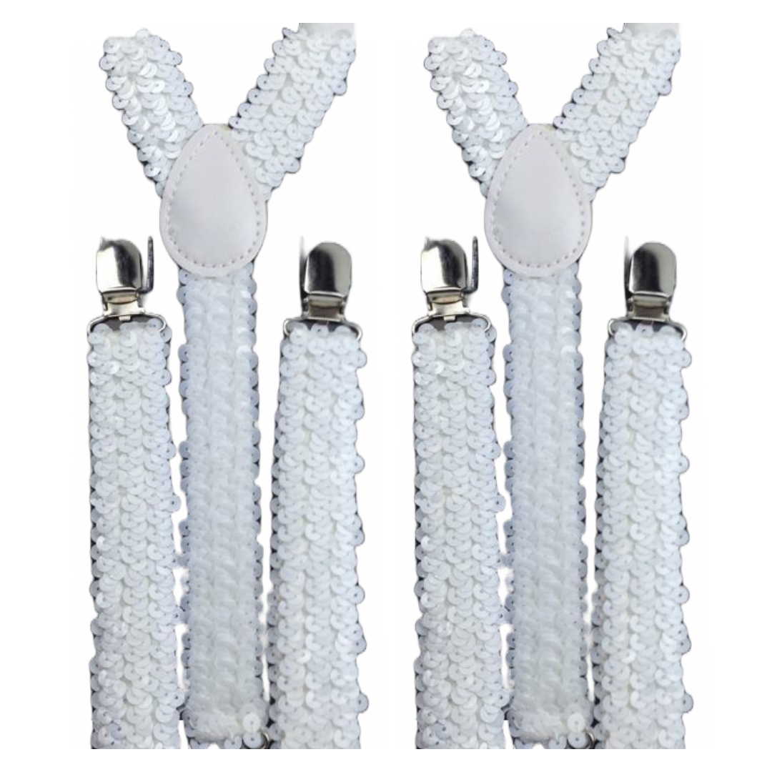 Mens Clip On Elastic Braces 2 Pack White Sequin