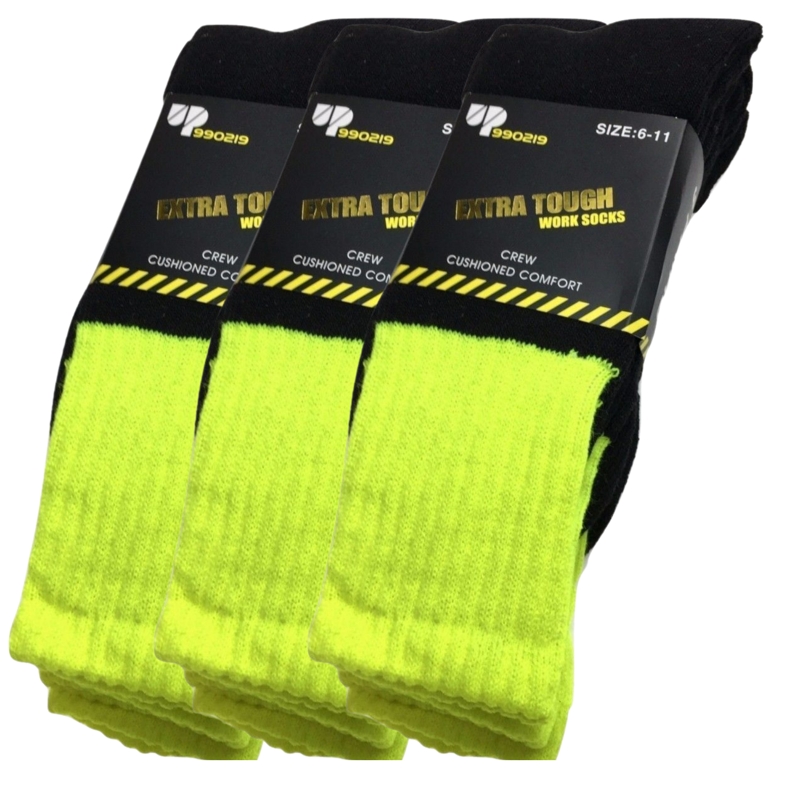 3-Pack Hi Vis Fluro Work Safety Tradie Socks - Yellow (6-11)