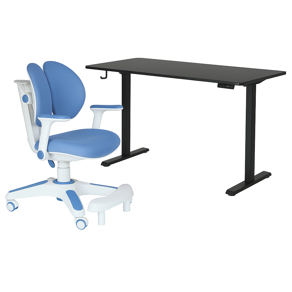 Ergonomic Kids Study Chair and Adjustable Electric Standing Desk Set Blue and Black
