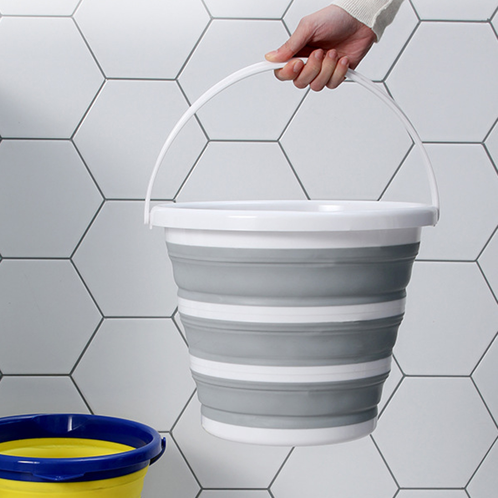 2x 10L Foldable Collapsible Bucket Silicone Camping Grey White - Image 3