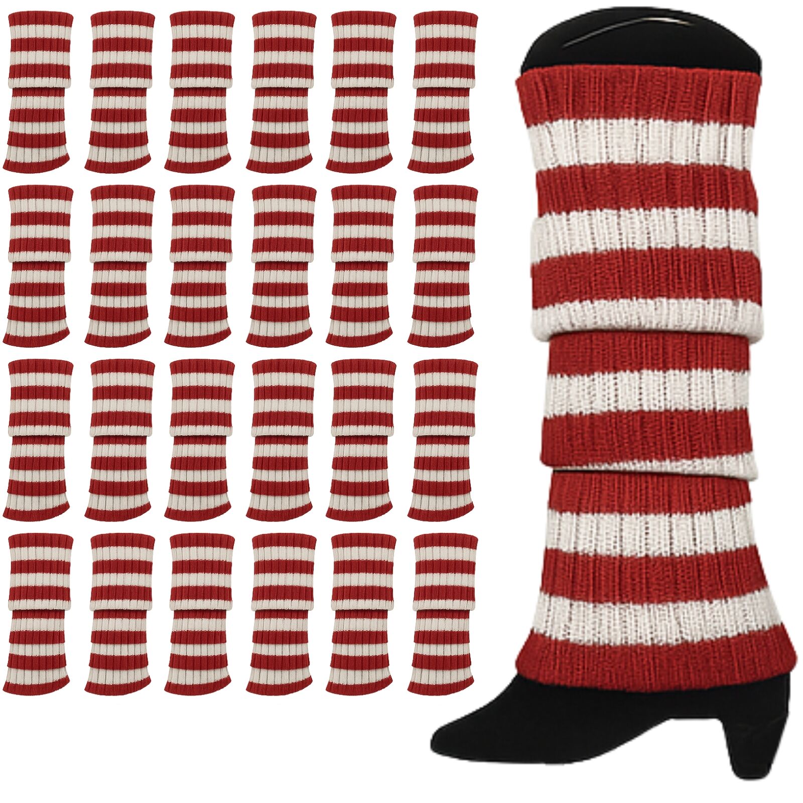 24x Womens Leg Warmers Disco Red White Stripe