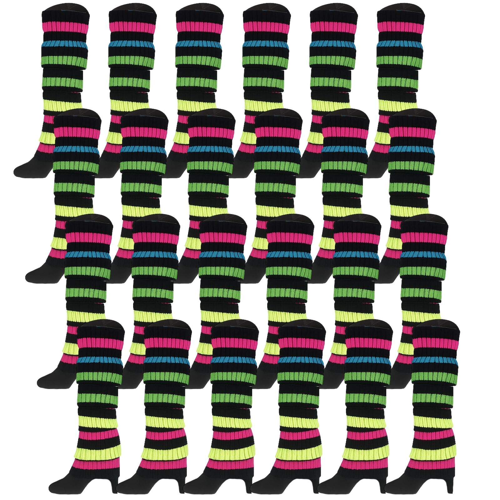 24x Womens Leg Warmers Disco Rainbow Black Stripe - Image 3