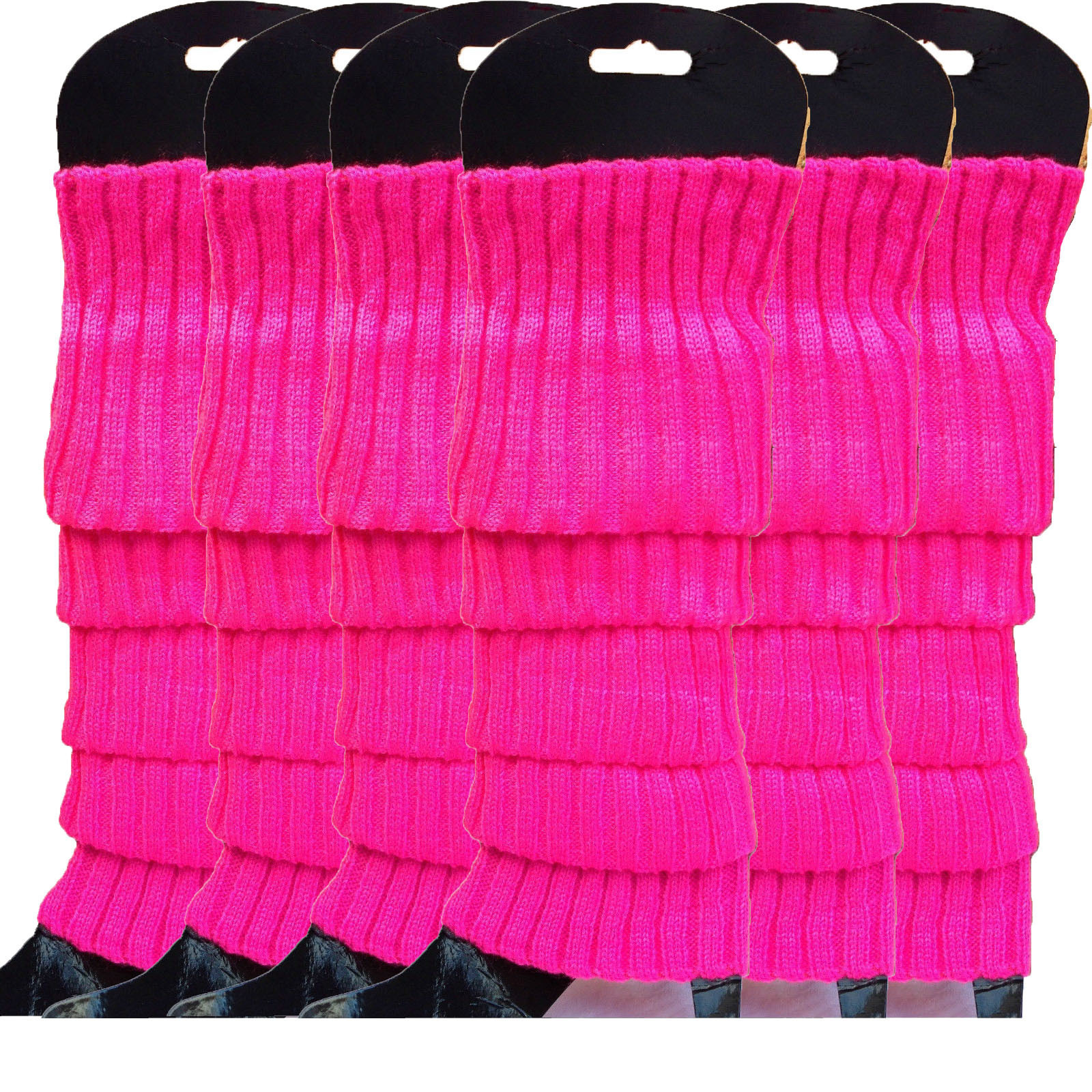 6x Womens Leg Warmers Disco Winter Knit Dance Party - Hot Pink