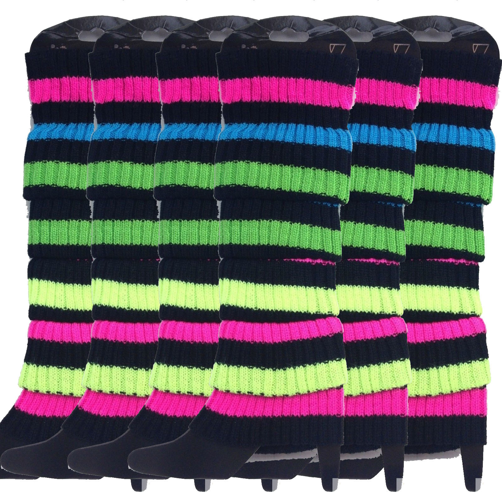 6x Womens Leg Warmers Disco Winter Knit - Rainbow with Black Stripe