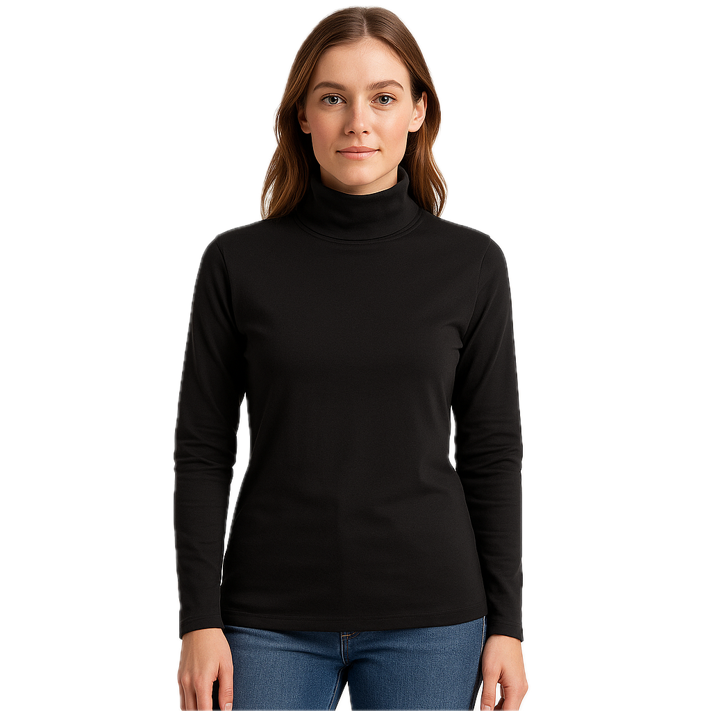 Womens Long Sleeve Cotton Turtleneck Skivvy Top - Black - M - Image 2