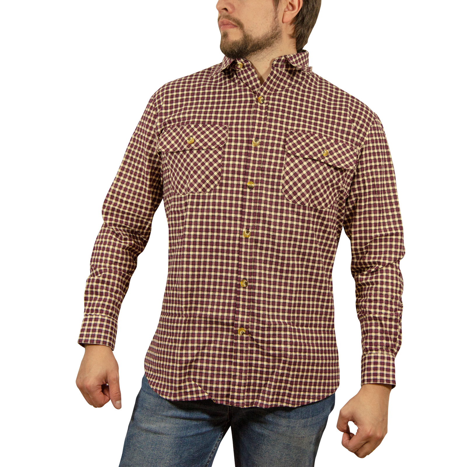 Mens 100% Cotton Flannelette Checked Long Sleeve Shirt - Burgundy - L - Image 2