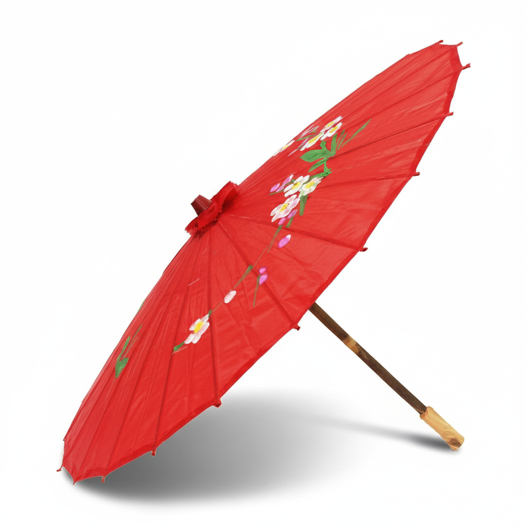 Asian Pattern Bamboo Fabric Parasol Umbrella 80cm - Red
