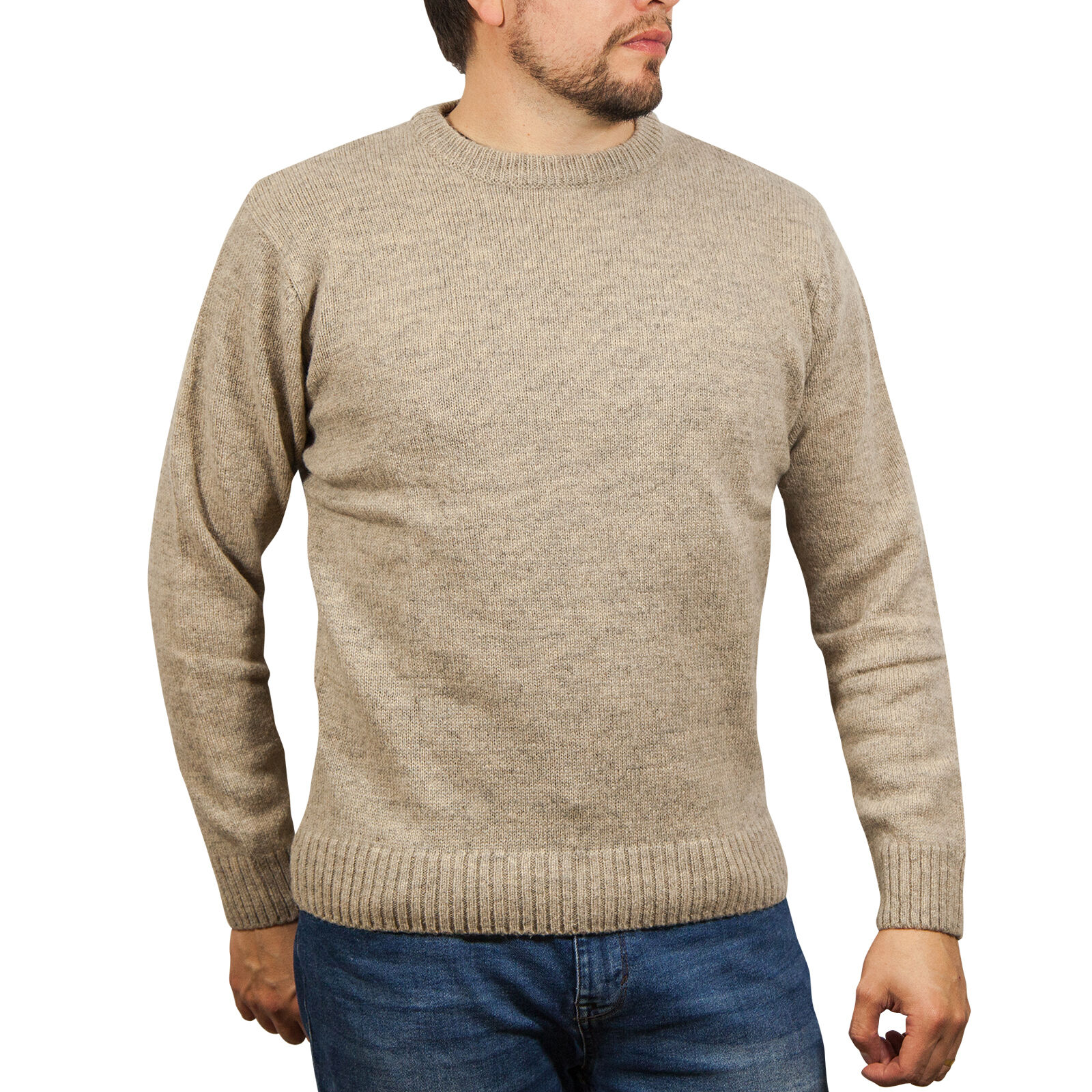 Men's 100% Shetland Ragg Wool Crew Neck Knit Jumper - Beige - XXL - Image 2