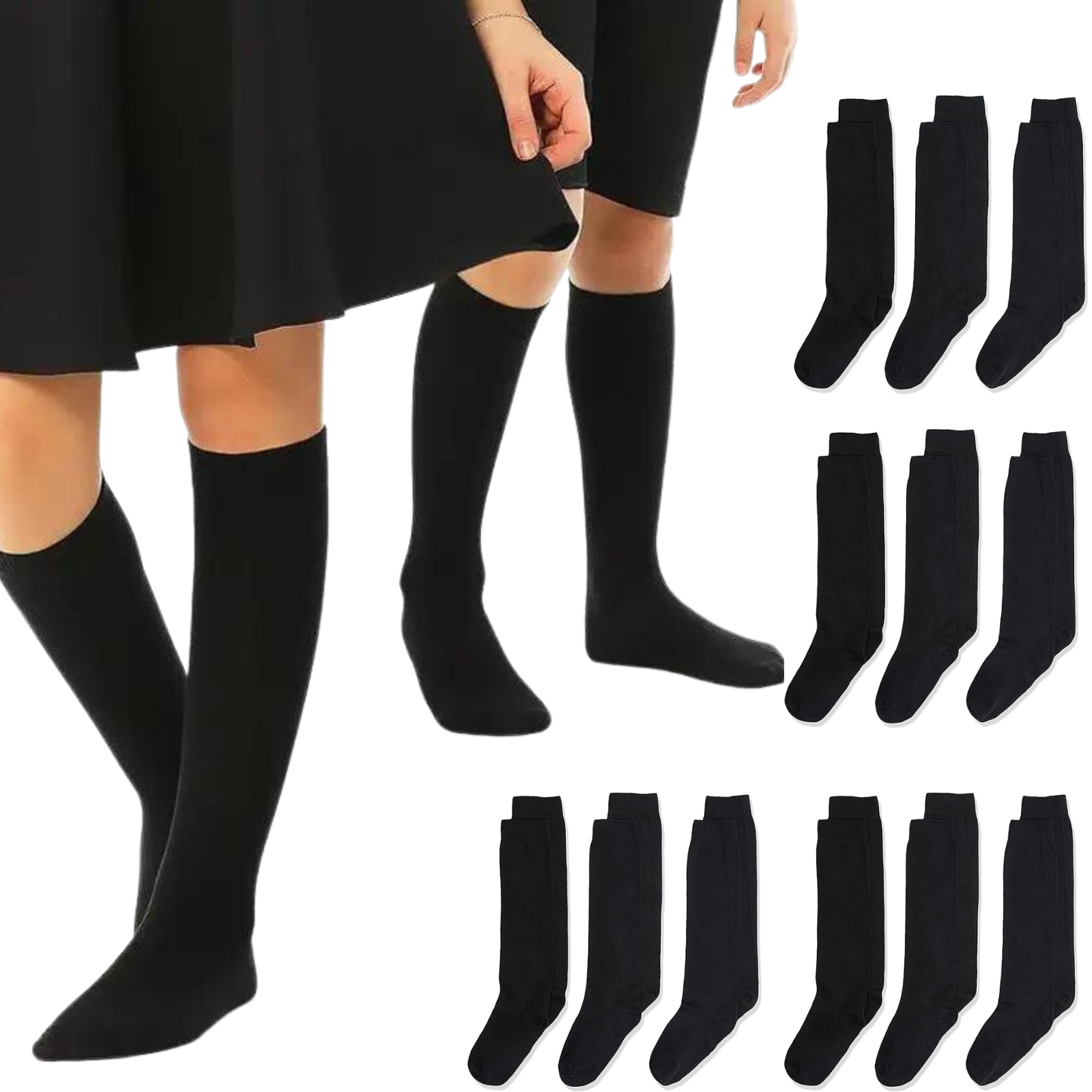 12x Pairs School Uniform Knee High Socks Bulk Black 10-12 Yrs