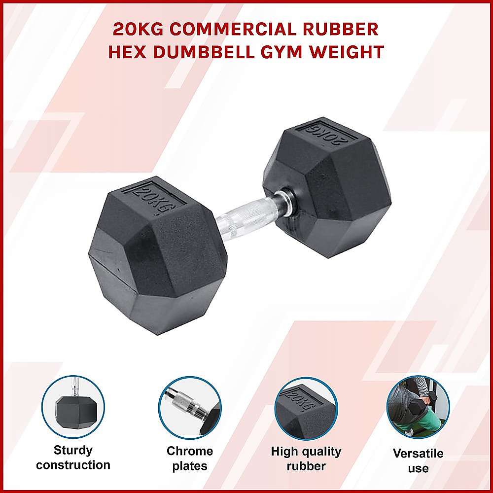 20KG Commercial Rubber Hex Dumbbell Gym Weight - Image 3