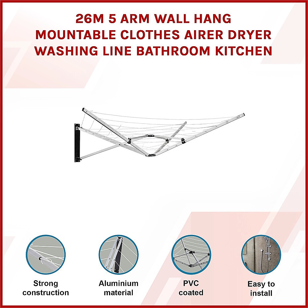 26m 5 Arm Wall Mount Clothes Airer Drying Line - Image 3
