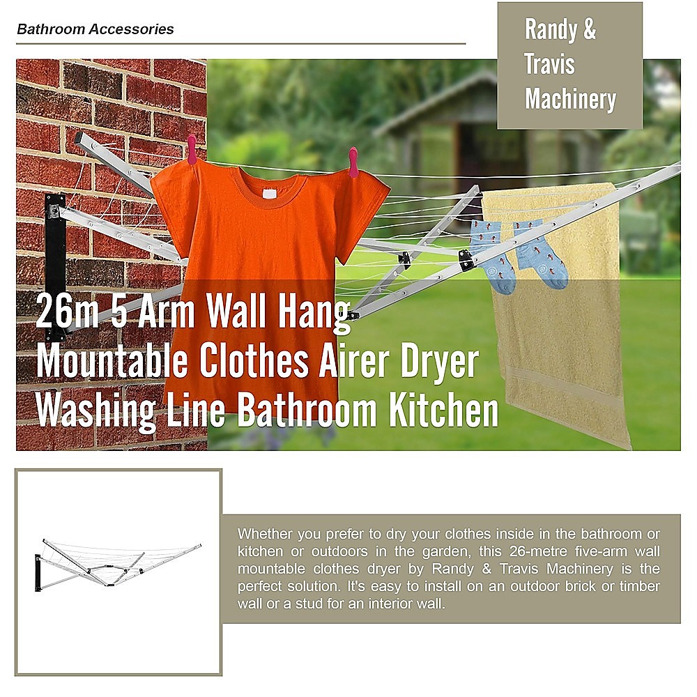 26m 5 Arm Wall Mount Clothes Airer Drying Line - Image 7
