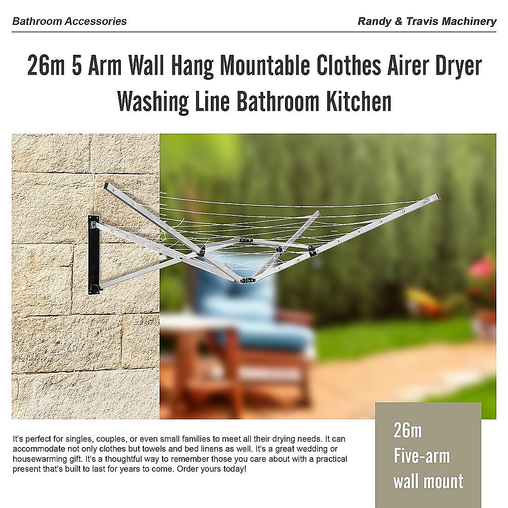 26m 5 Arm Wall Mount Clothes Airer Drying Line - Image 8