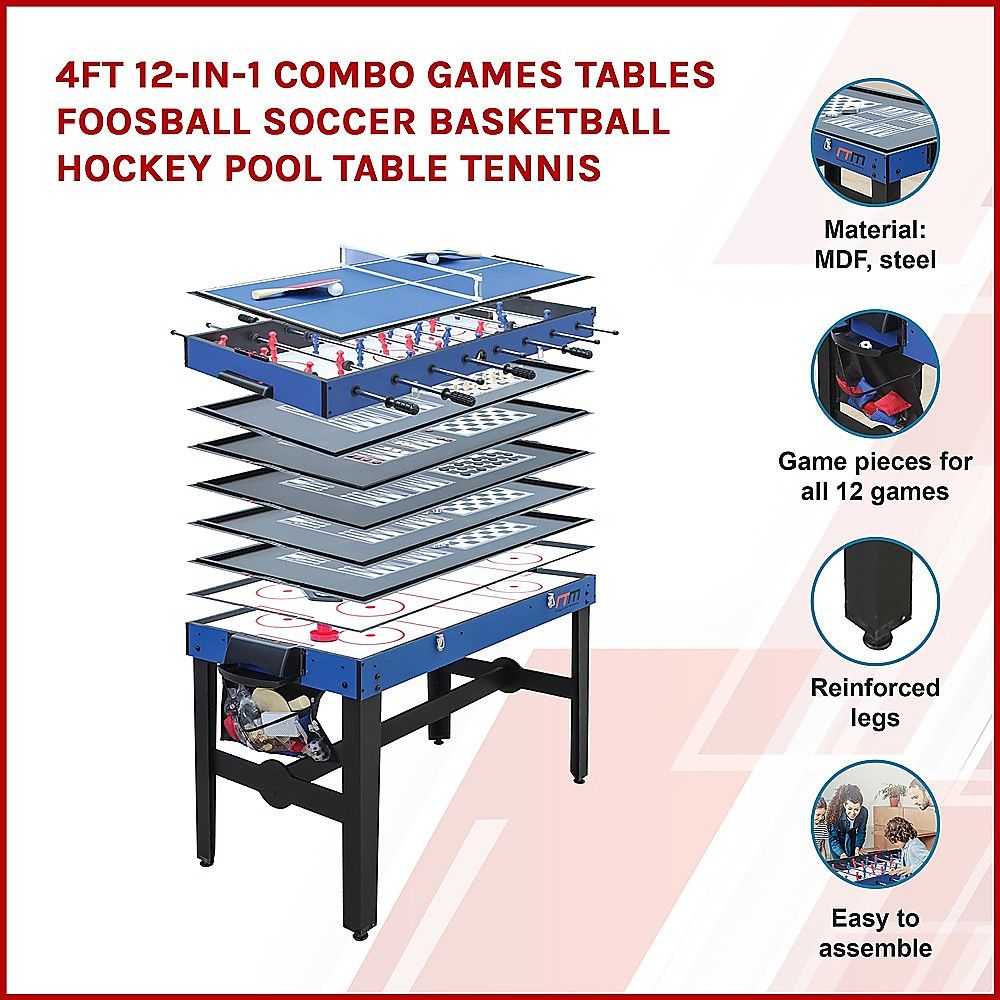 4FT 12 in 1 Combo Games Table Foosball Hockey - Image 3
