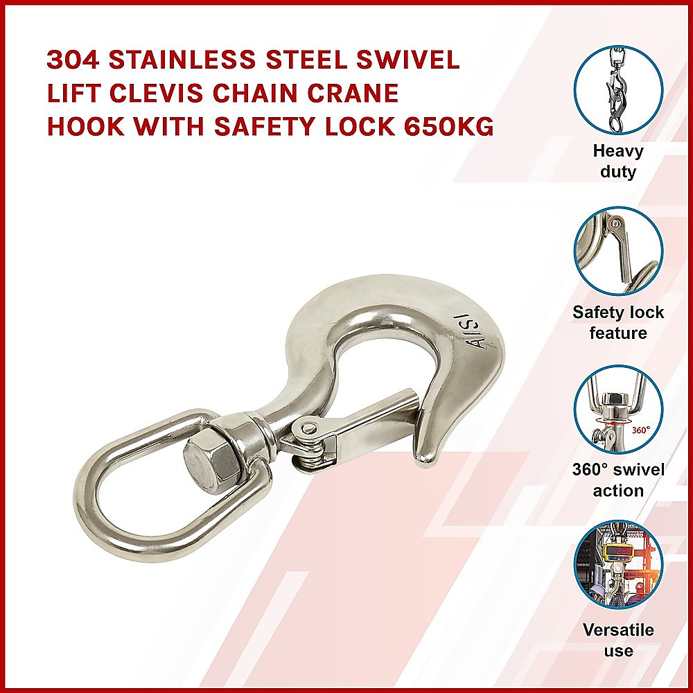 304 Stainless Steel Swivel Lift Clevis Chain Crane Hook with Safety Lock (650kg) - Image 3