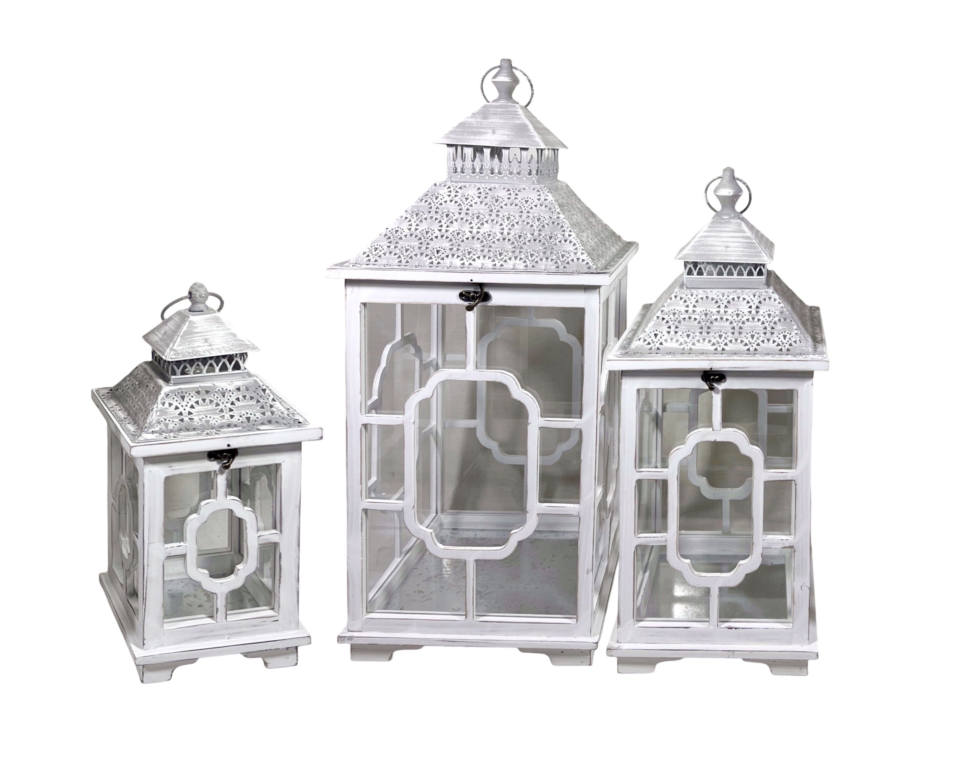 Set 3 Wooden Lantern with Metal Roof 76cm