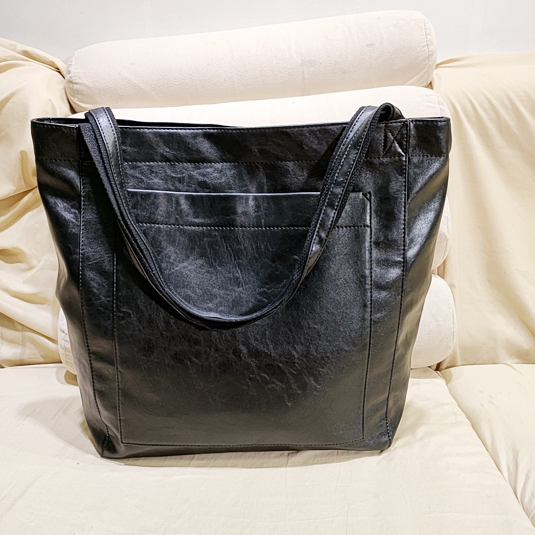 Vintage PU Leather Shoulder Tote Bag - Black