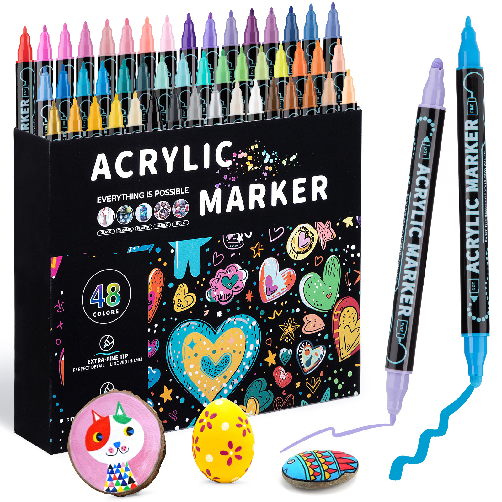 48-Color Dual-Tip Acrylic Paint Marker Set (1-5mm & 1mm)