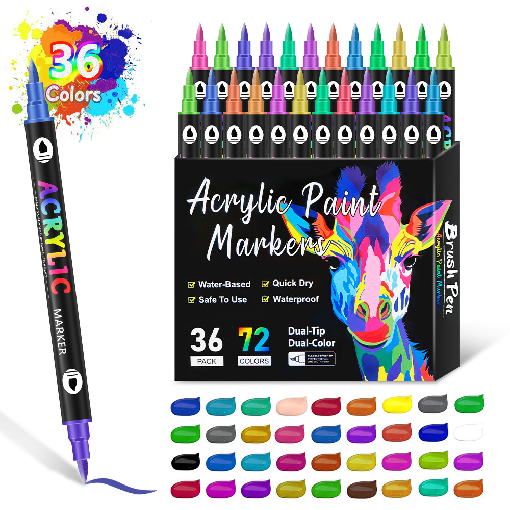 36-Pack Quick-Dry Dual-Tip Acrylic Paint Markers (72 Colors)