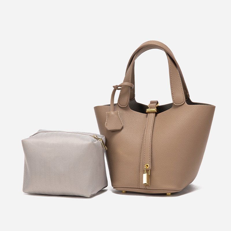 Elegant Women's Leather Tote Handbag with Gold Lock - Fawn - Image 3