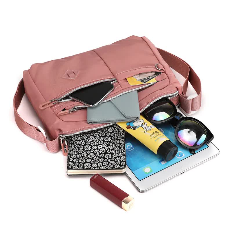 Lightweight Nylon Multi-Pocket Crossbody Shoulder Bag - Pink - Image 2