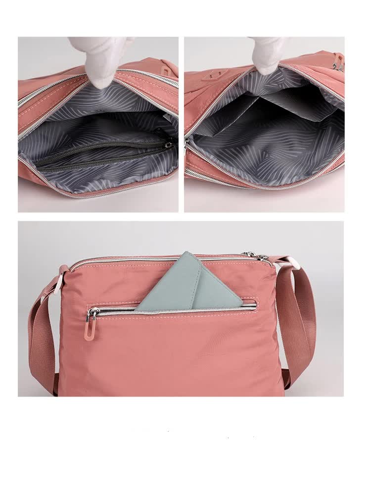 Lightweight Nylon Multi-Pocket Crossbody Shoulder Bag - Pink - Image 3