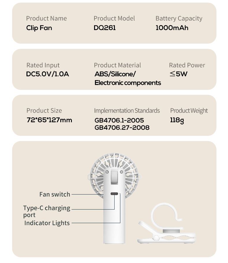 White Portable Clip Fan DQ261 1000mAh 3 Speed Cooling - Image 6