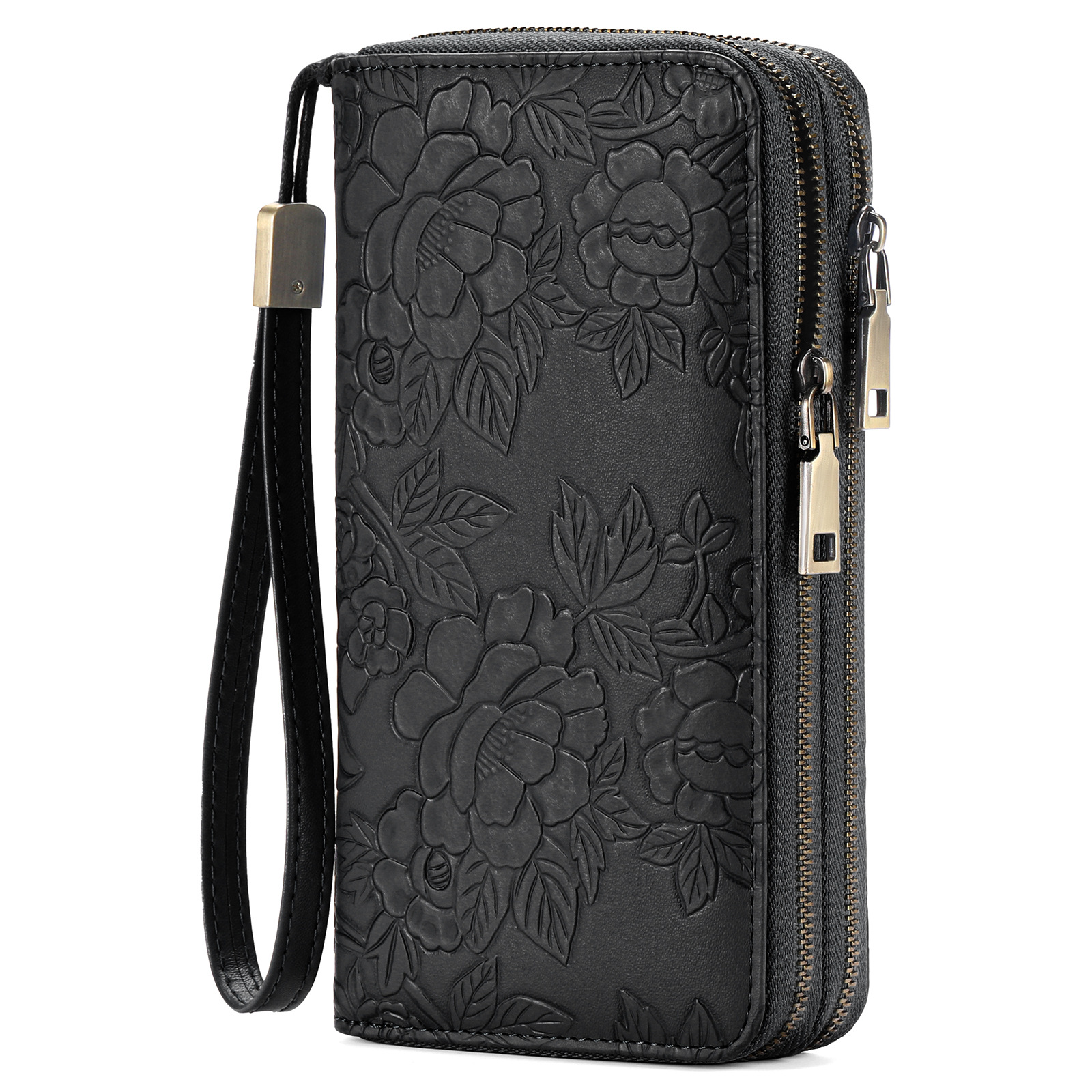 Womens Double Zip Floral PU Leather Wallet Wristlet Purse - Black