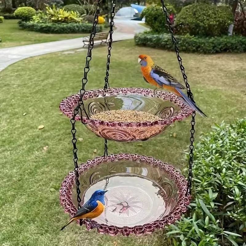 2 Set Purple Elegant Double-Tier Hanging Glass Bird Feeder