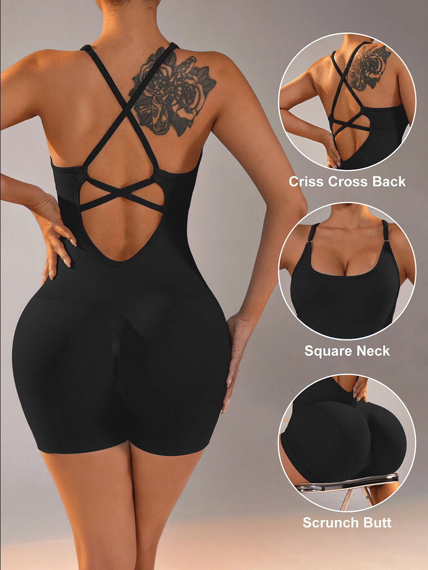 Nylon Seamless Crisscross Back Yoga Bodysuit Romper - Black Size S - Image 2