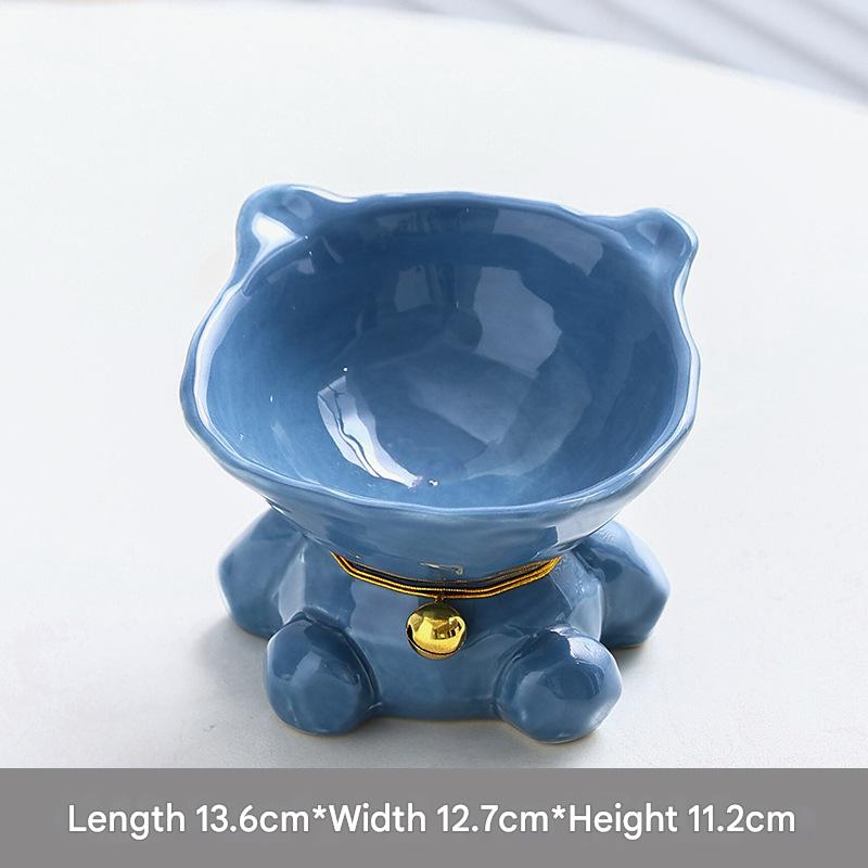 Blue Cute Ceramic Cat Bowl Feeder