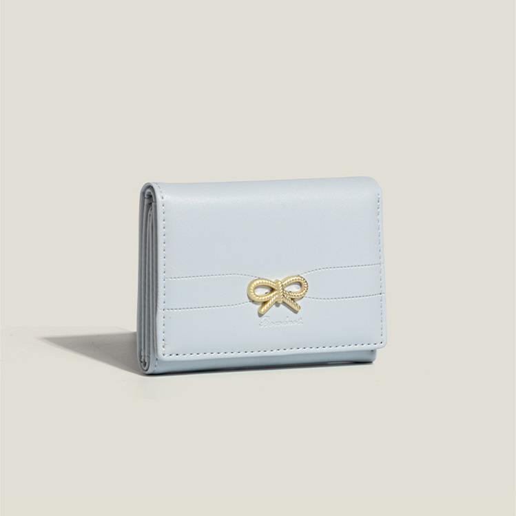 Blue Compact Bow-Accent PU Leather Foldable Wallet