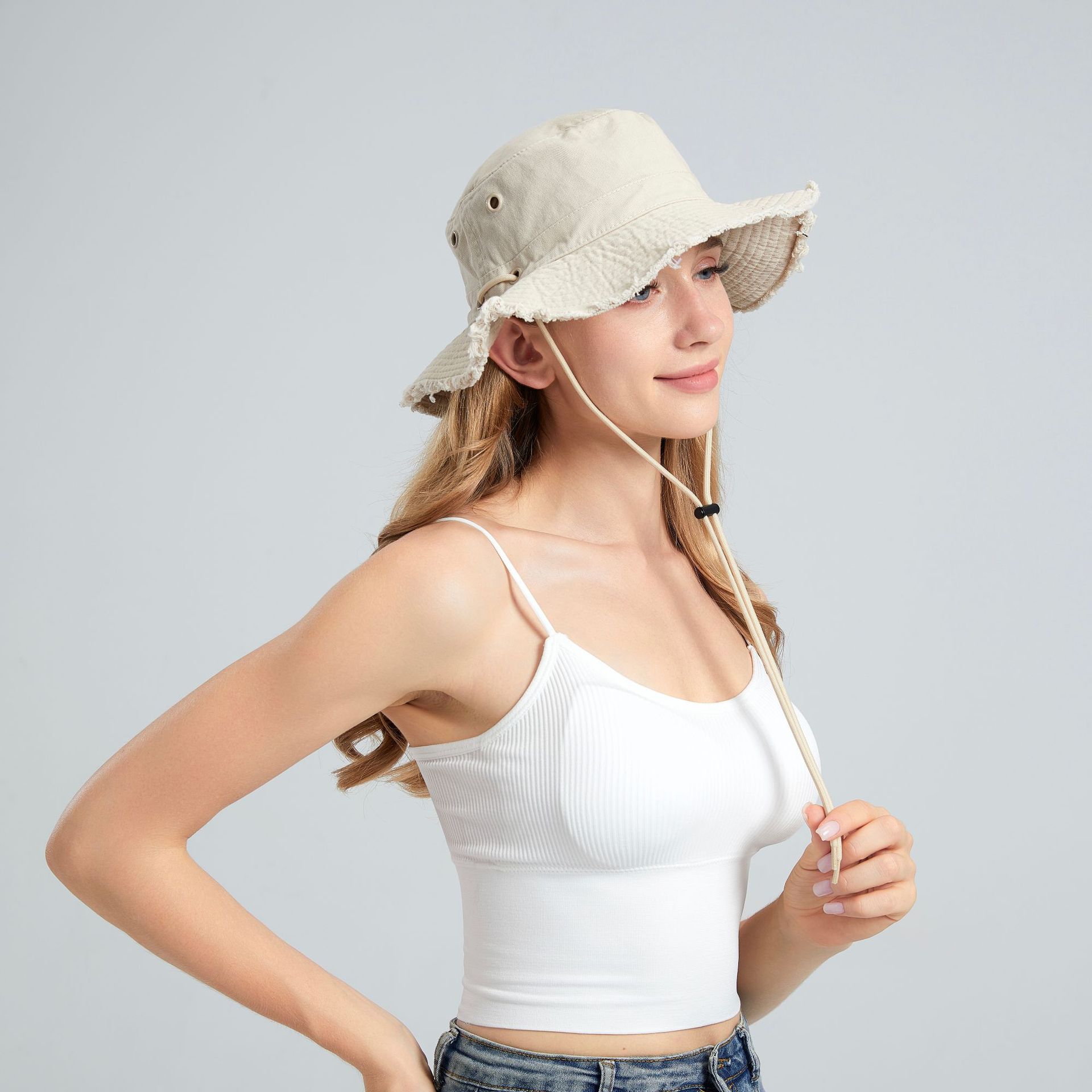 Beige Packable Cotton Frayed Edge Sun Bucket Hat