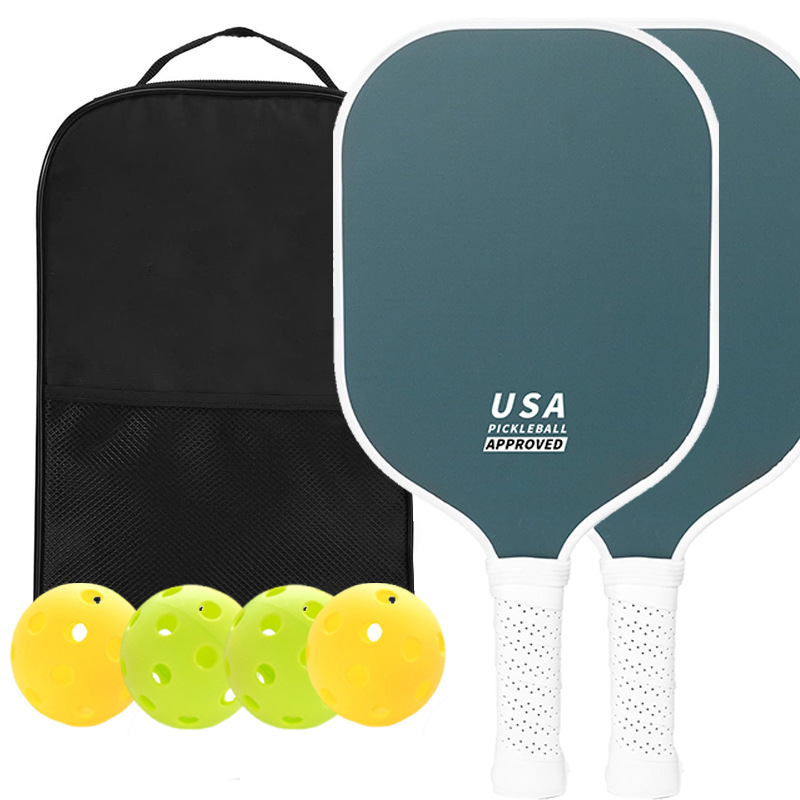 Dark Green Fiberglass Pickleball Paddle Set - 2 Minimalist Paddles, 4 Balls, Carry Bag
