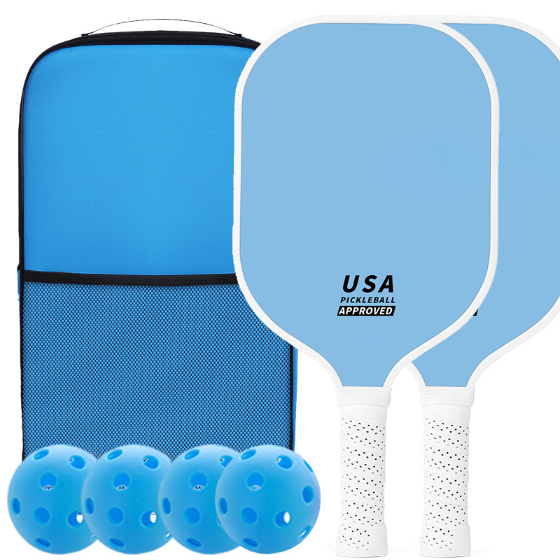 Bright Blue Fiberglass Pickleball Paddle Set - 2 Minimalist Paddles, 4 Balls, Carry Bag